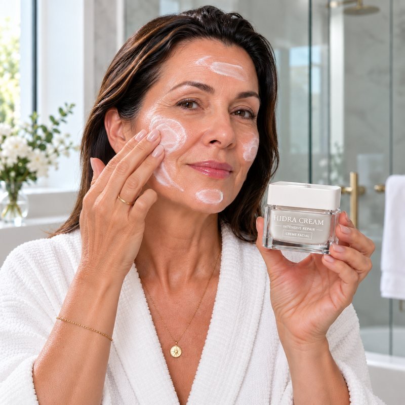 Mulher aplicando o Hidra Cream no rosto com a ponta dos dedos, segurando o pote na outra mão