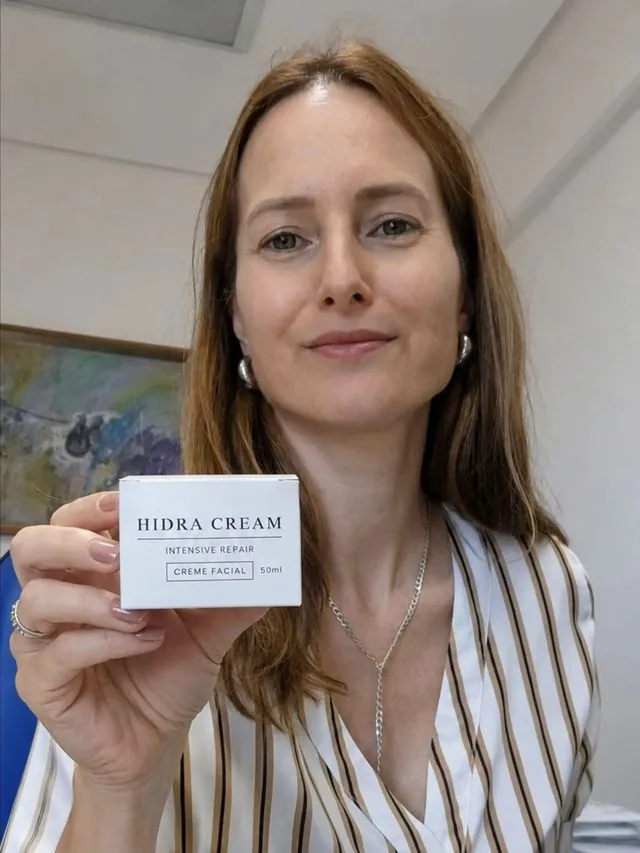 Cliente segurando a caixa do Hidra Cream