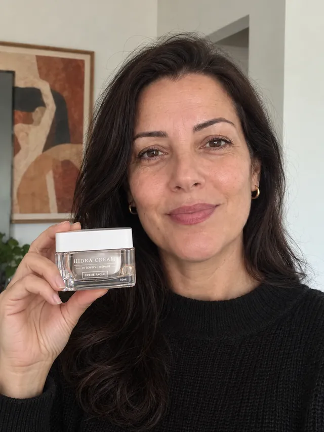Cliente segurando a caixa do Hidra Cream em casa