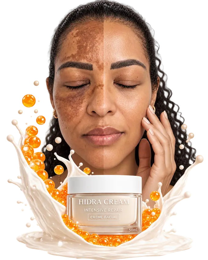 Mulher com metade do rosto com manchas e melasma e a outra metade com o tom uniforme, com o pote de Hidra Cream Intensive Repair à frente